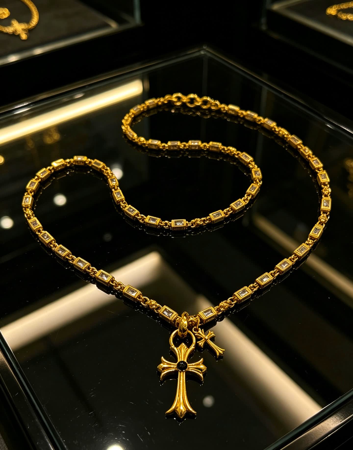 Chrome Hearts Gold Tone Crystal Cross Pendant Necklace